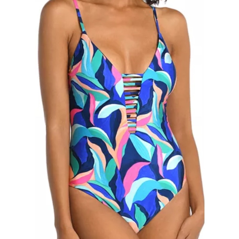 La Blanca Reversible One Piece Swimsuit Size 8 Multicolor Tropical Lace Up Back